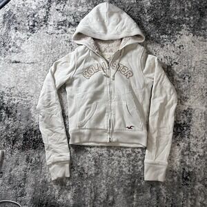 Hollister Men's Cream Full Zip Hoodie Sweatshirt Size S Embroidered Logo Y2K VTG